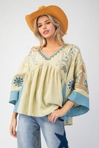 Embroidered VNeck Babydoll Top