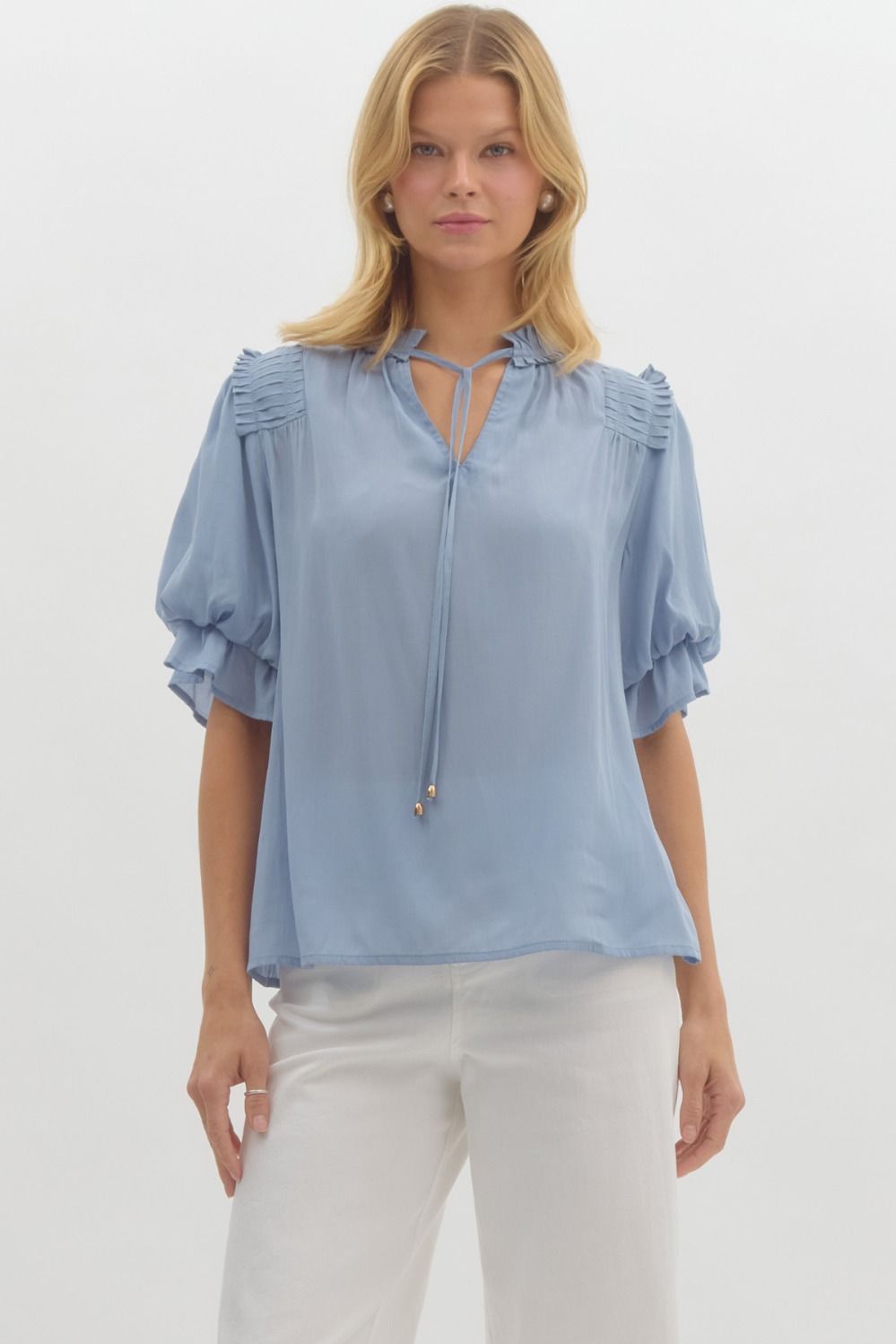 Chambray Ruffle Shoulder Top