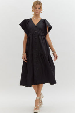 Black Flutter Button Midi