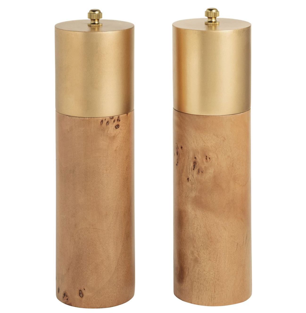 Two cylindrical wooden salt and pepper mills with brushed brass caps and small brass turners, shown side by side on a white background.