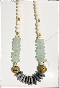 White Wood Bead & Recycled Glass Necklace