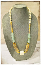 Load image into Gallery viewer, Tan, Blue &amp; White African Bone Bead Necklace Glass