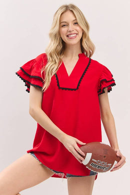 Red Gameday Ruffle SleeveTop