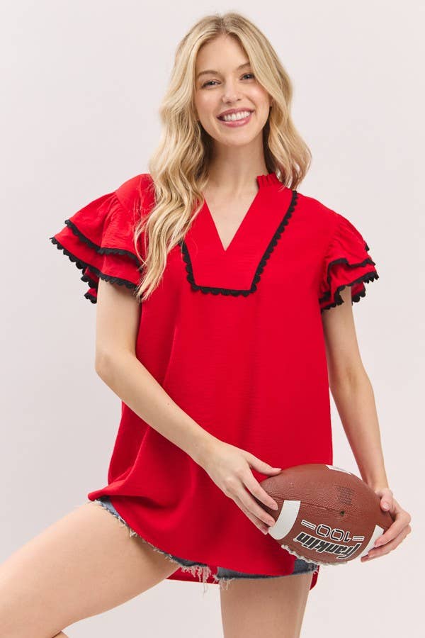 Red Gameday Ruffle SleeveTop