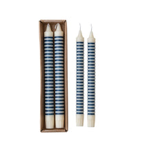Load image into Gallery viewer, Unscented Striped Taper Candles in Box, Blue, Set of 2 (Est. Burn Time 6 Hours)