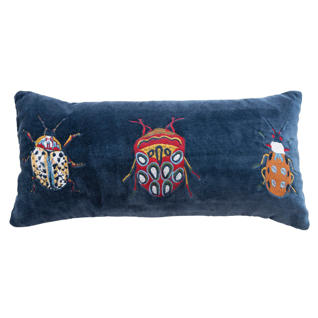 Cotton Velvet Embroidered Lumbar Pillow w/ Beetles & Chambray Back, Multi Color