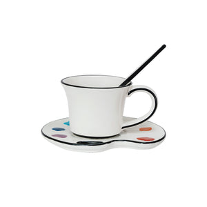 Ceramic Paint Palette Saucer w/ Teacup & Brush Shaped Stirrer, Set of 3