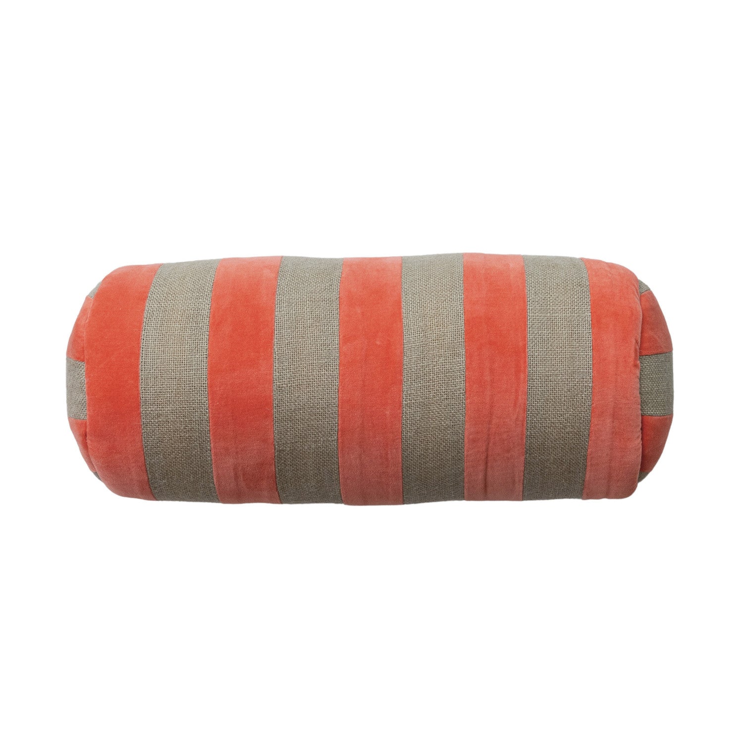 18"L x 8"H Cotton Velvet & Jute Bolster Pillow w/ Stripes