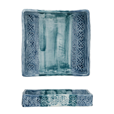 Hand-Painted Debossed Stoneware Napkin Holder, Navy Color & Aqua ©