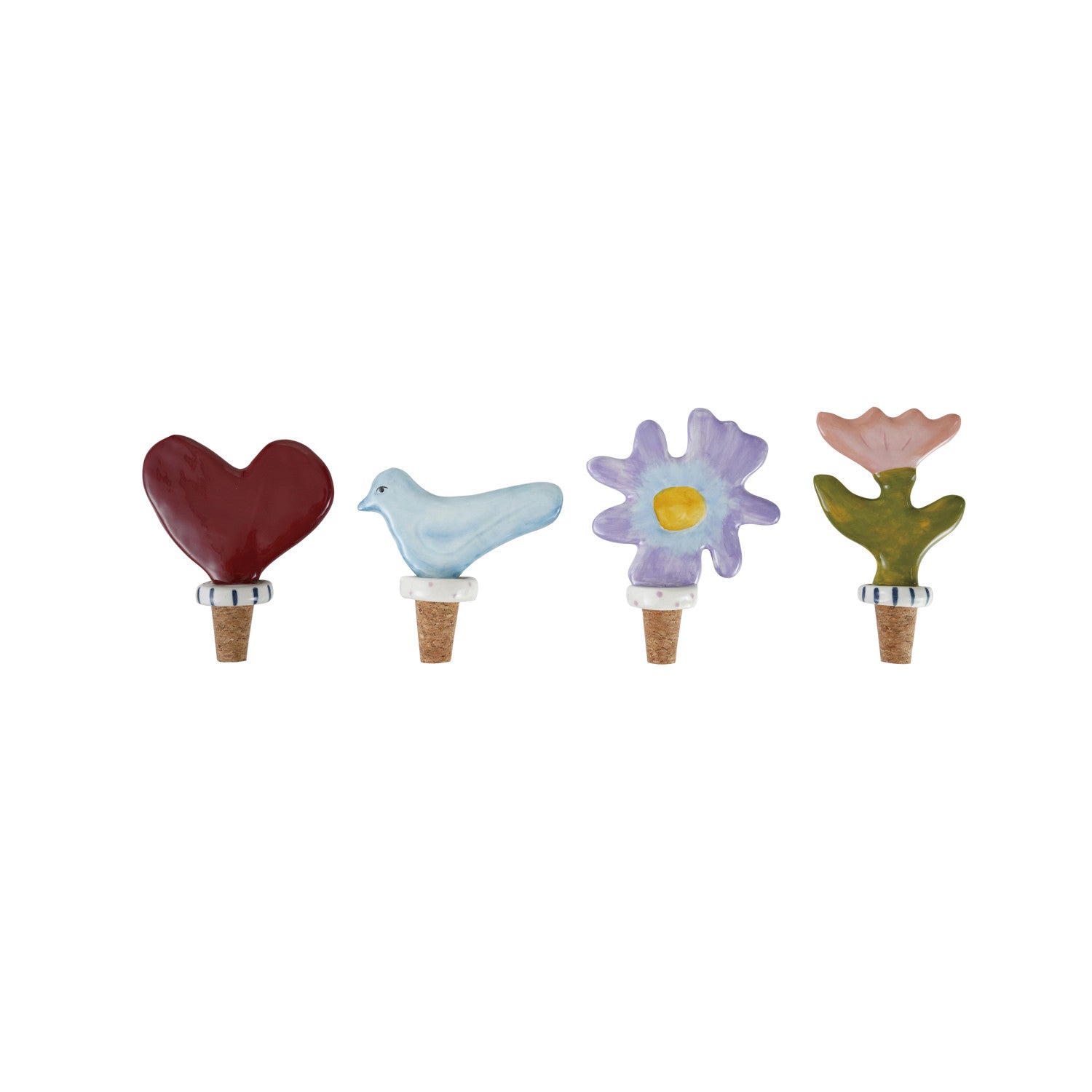 Handmade Stoneware & Cork Bird/Flower/Heart Shaped Bottle Stopper, 4 Styles