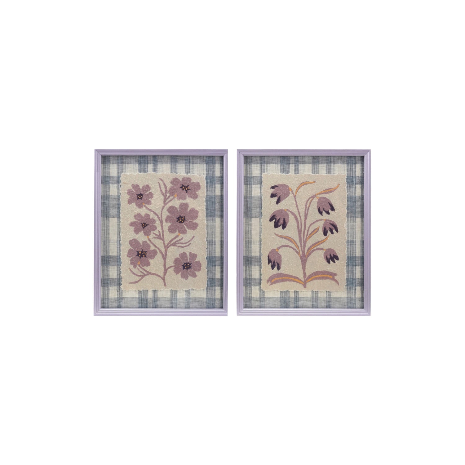 Wood Framed Glass Wall Decor with Flowers & Plaid Mat, Purple, 2 Styles