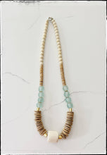 Load image into Gallery viewer, Tan, Blue &amp; White African Bone Bead Necklace Glass