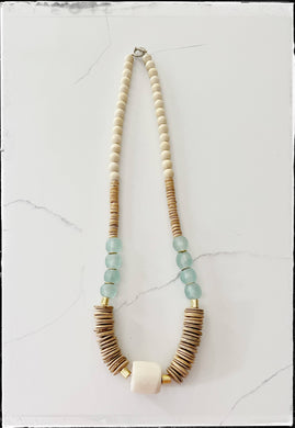 Tan, Blue & White African Bone Bead Necklace Glass