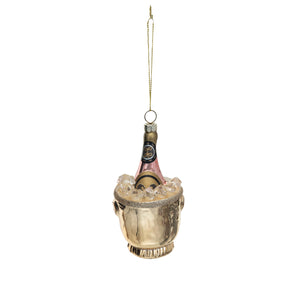 Glass Ice Bucket w/ Champagne Bottle & Glitter Ornament, Gold Finish, Pink