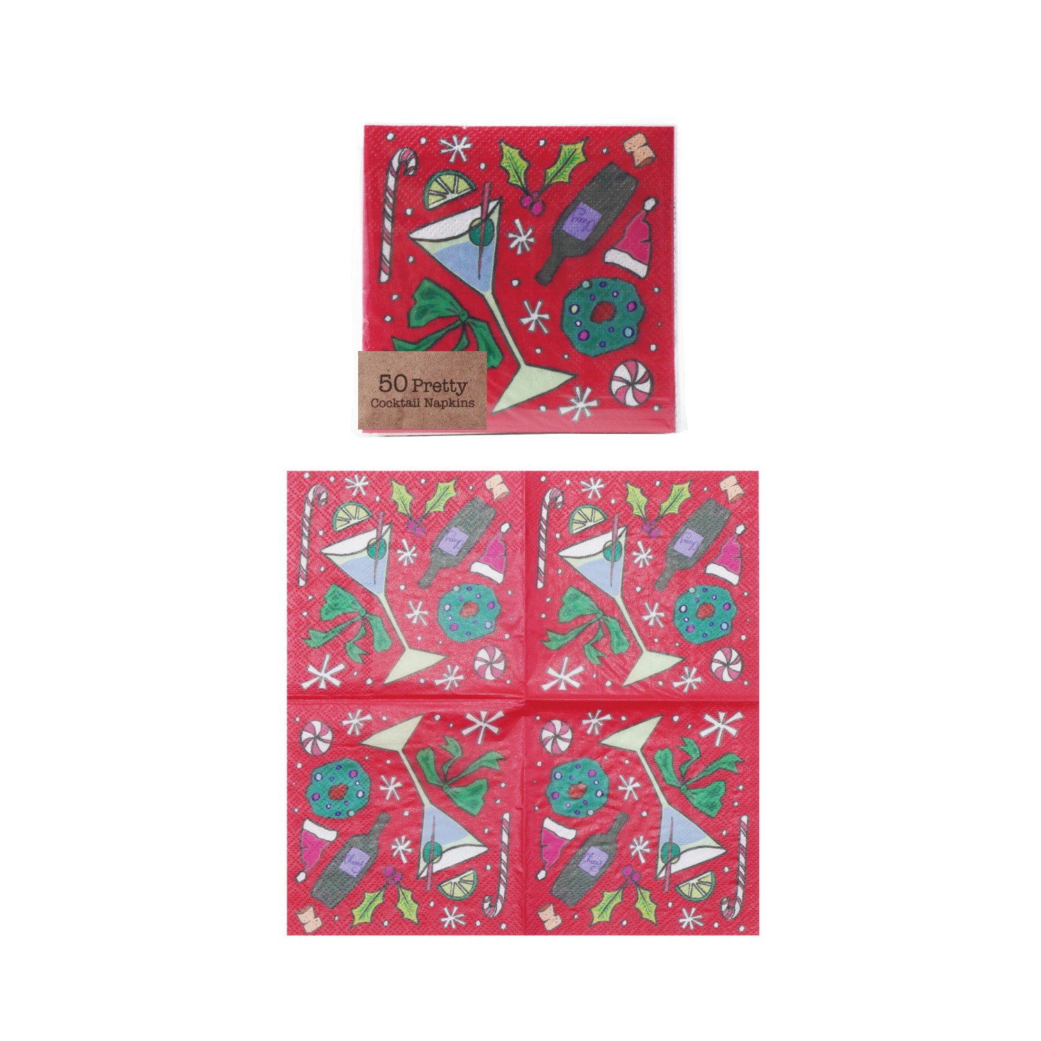 Paper Cocktail Napkins with Holiday Design (50 Folded Pieces)