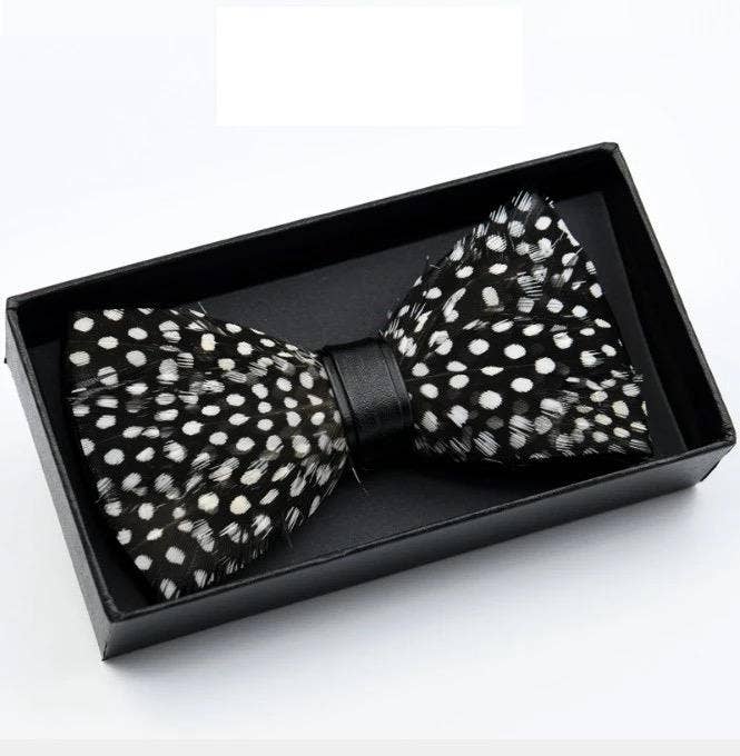 Hand Made Natural Bird Feather Polka Dot Bow Tie