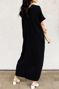 Black Linen Blend V Neck Maxi