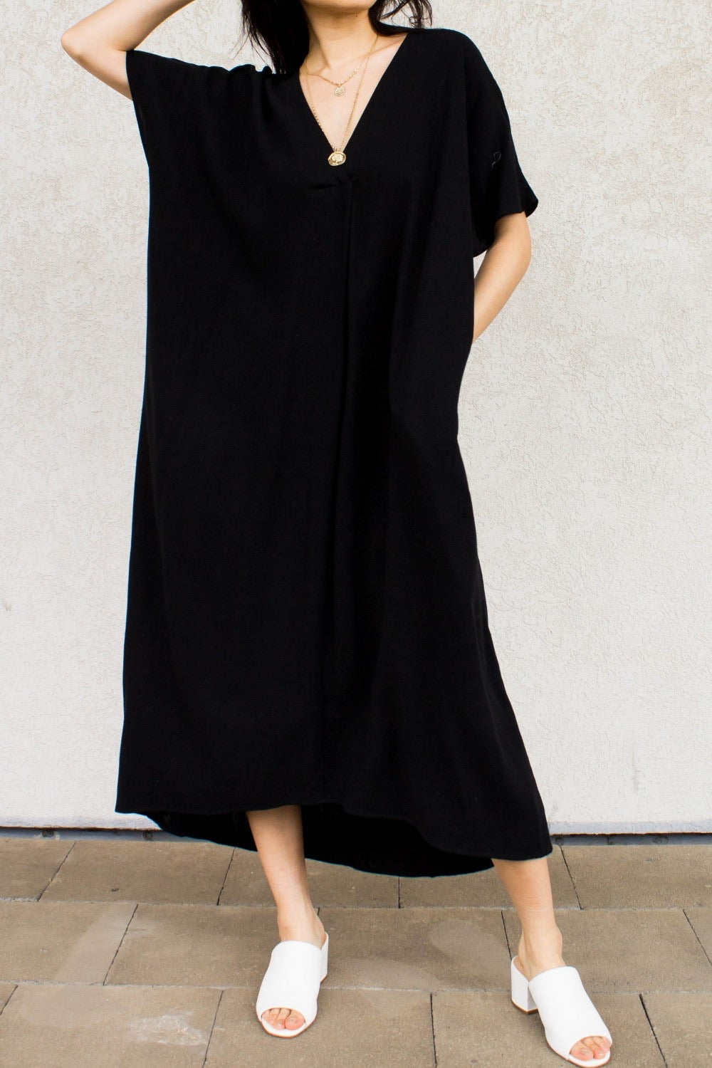 Black Linen Blend V Neck Maxi